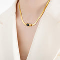 Gold Herringbone Necklace Bracelet Oval Glass Zircon Center view 6