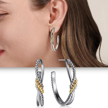 Silver Gold Beaded Twist Cross C-Shape Hoop Earrings