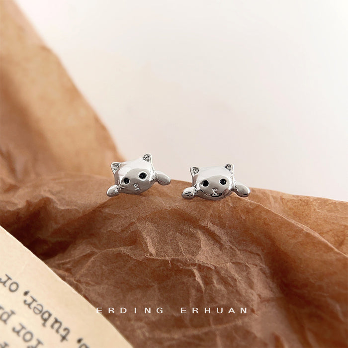 Silver Mini Cat Face Stud Earrings Black Stone Eyes Paws