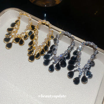 Black Teardrop Beaded Chandelier Earrings in Two Metal Tones