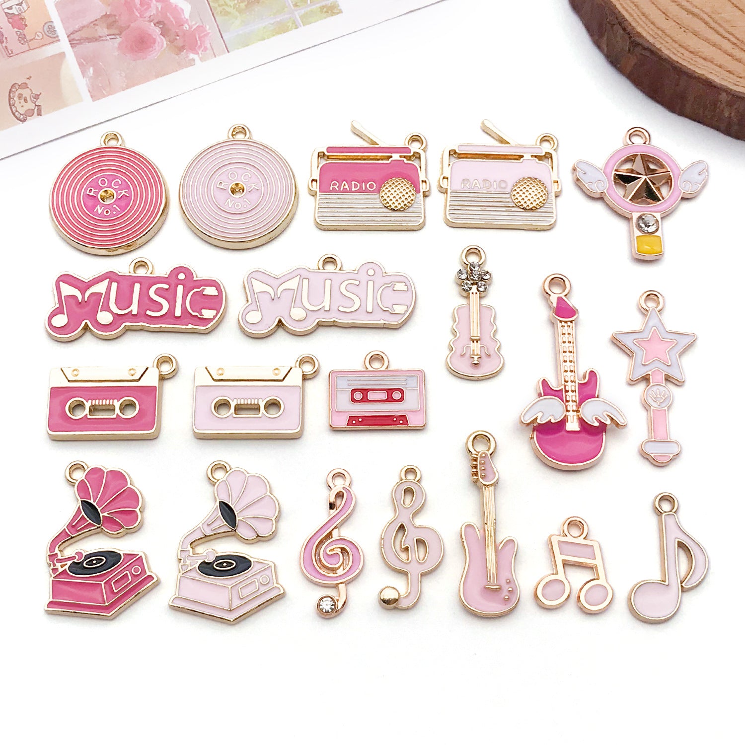 Pink Enamel Zinc Alloy Music Note Piano Guitar Charm Pendant for Keychain Bracelet Necklace Making