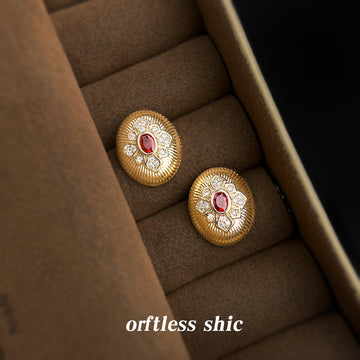 Gold-Tone Ribbed Oval Red Center Clear Stone Stud Earrings