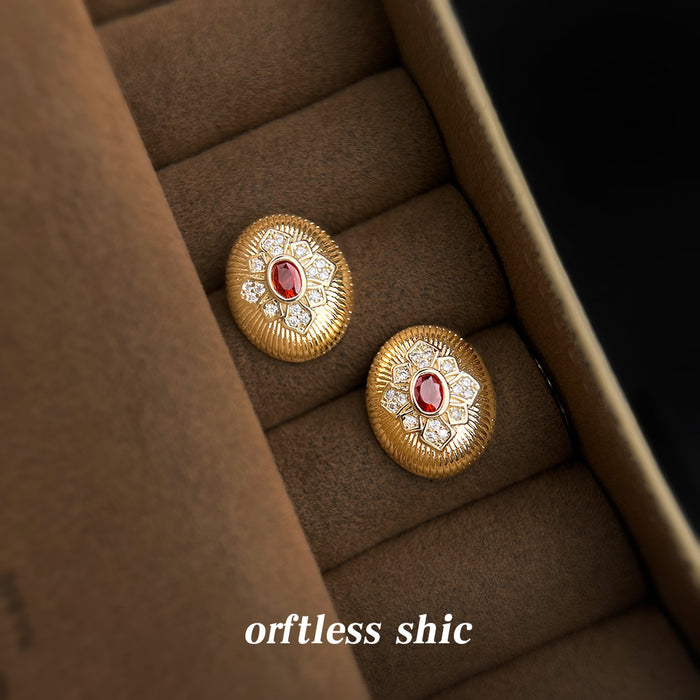 Gold-Tone Ribbed Oval Red Center Clear Stone Stud Earrings
