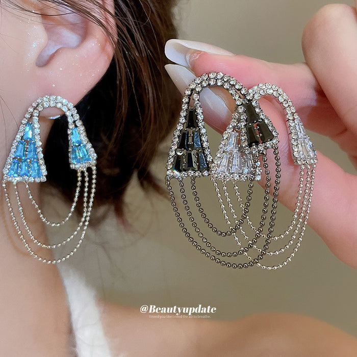 Crystal Cone and Chain Tassel Stud Earrings in Three Colors