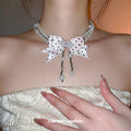 Pink Polka Dot Bow Layered Pearl Statement Necklace view 3