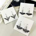 Three Gothic Bat Pattern Silver Tone Long Hook Earrings view 1