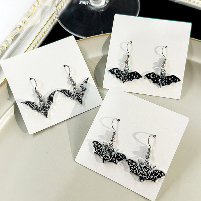 Three Gothic Bat Pattern Silver Tone Long Hook Earrings