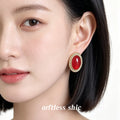 Wine Red Oval Cabochon Stud Earrings Gold Twisted Rope view 2