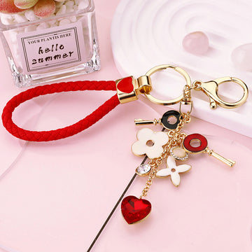 Heart Clover and Key Tassel Charm Keychains with Gold Tone Hardware