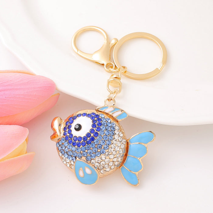 Round Rhinestone Goldfish Keychain Gold Clasp Two Colors