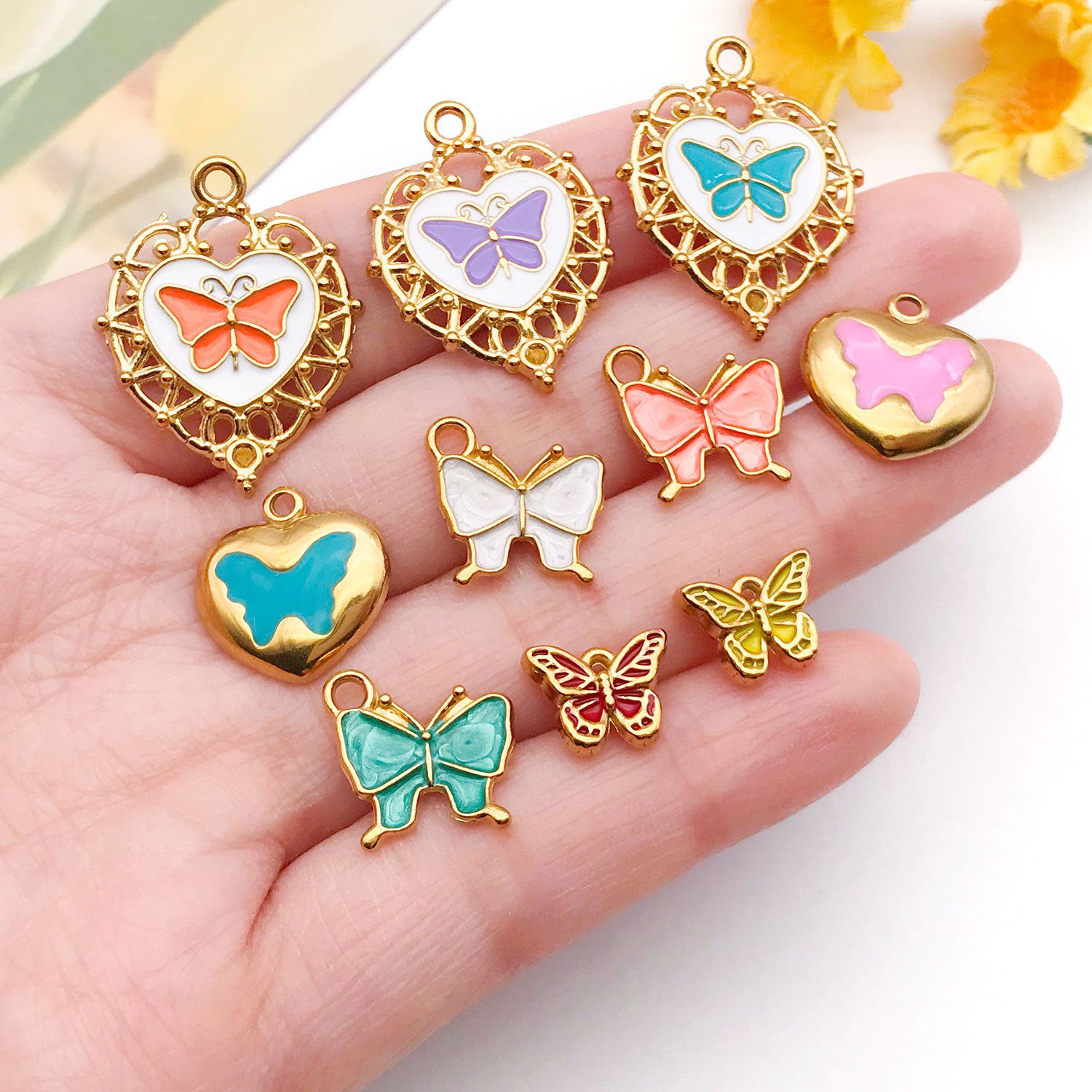 Color Enamel Stainless Steel Heart Butterfly Charm Pendant for DIY Bracelet Necklace