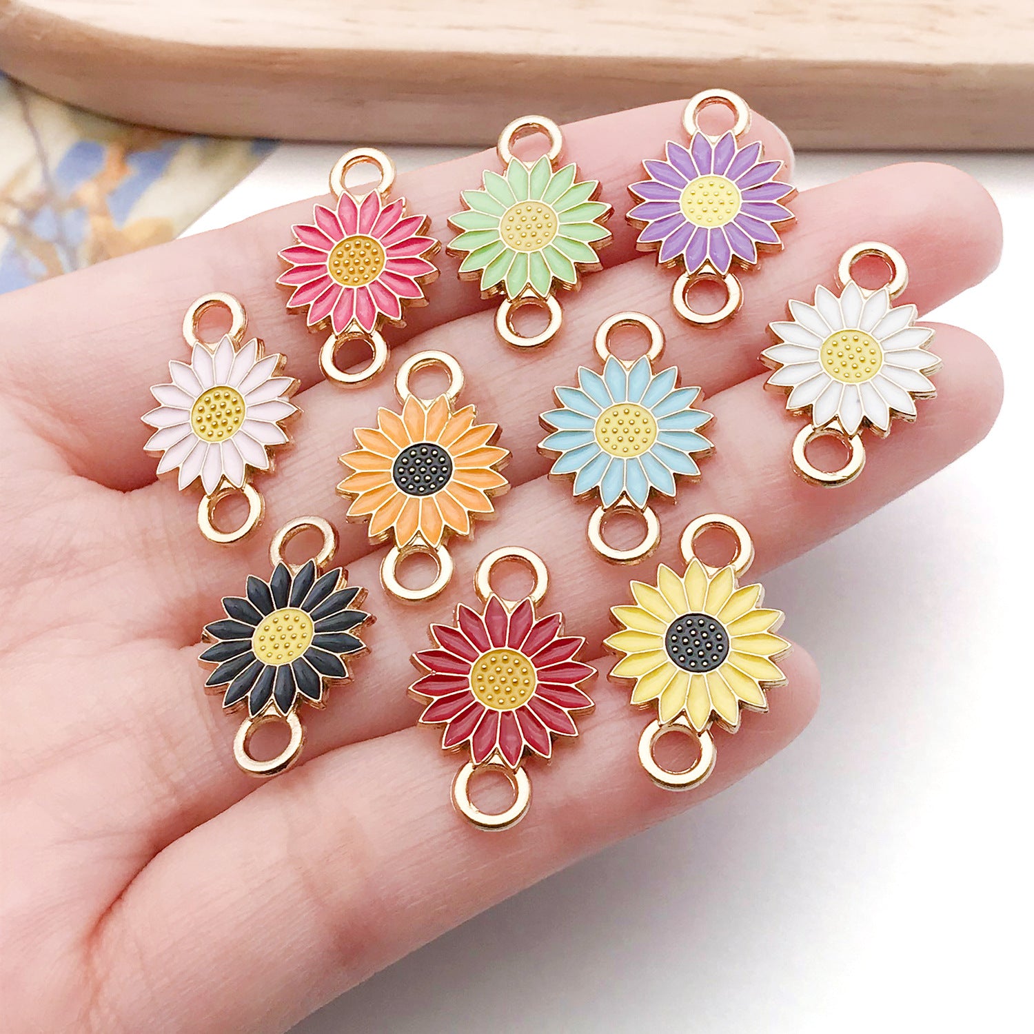 Zinc Alloy Enamel Daisy Sunflower connector charm for DIY bracelet necklace making