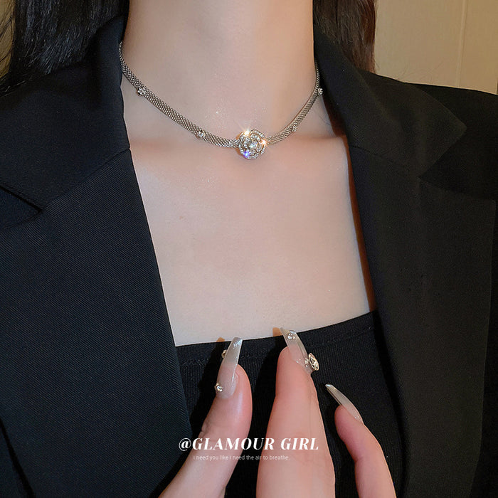 Silver Mesh Choker Crystal Rose Flower Centerpiece