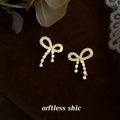 Gold Tone Clear Stone Bow Tassel Stud Earrings For Women view 3