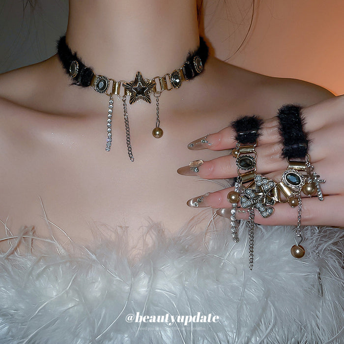Plush Choker Necklaces With Star Bear And Crystal Drop Charms