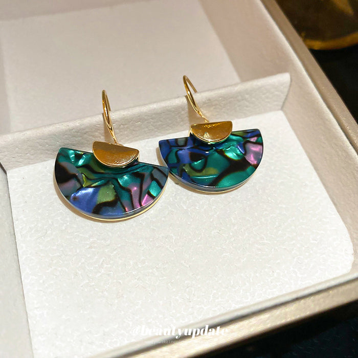 Blue Green Shell Fan Hook Earrings with Gold Tone Tops