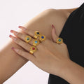 Gold Sunburst Open Rings Colored Cabochon Centers Adjustable view 2