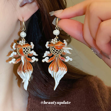 Orange Enamel Goldfish Pearl Drop Hook Earrings With Decorative Metal Accents
