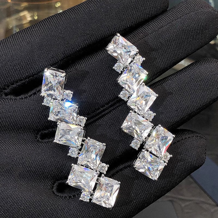 Silver Tone Geometric Square CZ Cascade Long Drop Earrings