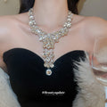 Silver Tone Crystal Y Drop Statement Necklace with Metal Tone Details view 3