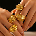 Gold Ribbed Open Cuff Ring With Layered Wave Face Design view 3