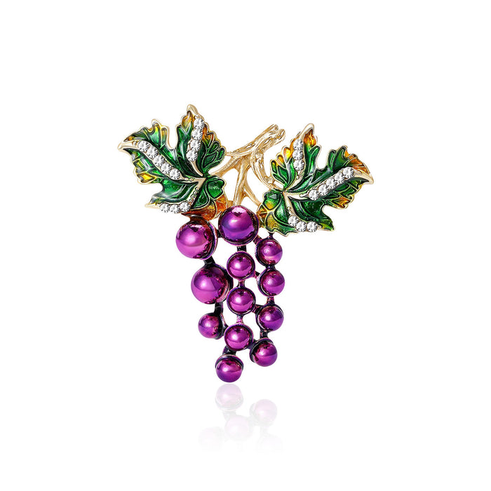 Purple Grape Cluster Brooch Green Leaf Rhinestone Pin