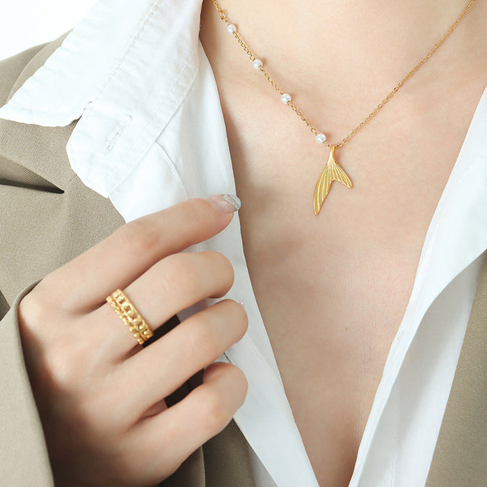 Gold Mermaid Tail Pendant Necklace with Pearl Station Chain