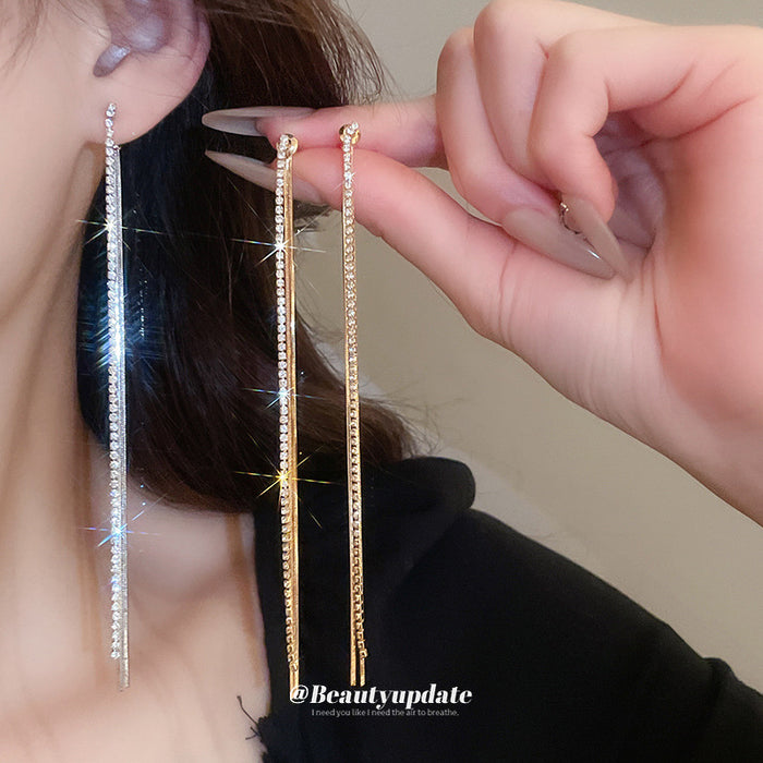 Slim Gold Tone Crystal Chain Tassel Earrings with Bar Tops