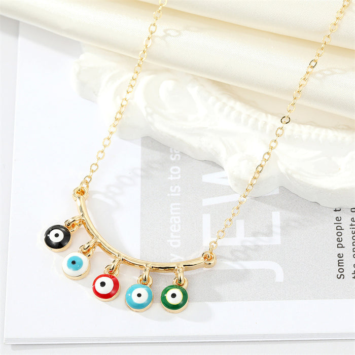 Gold Tone Multicolor Evil Eye Fringe Pendant Necklace