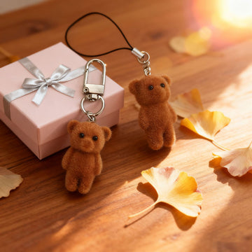 Flocked Brown Teddy Bear Keychains Clasp and Strap 2 Styles