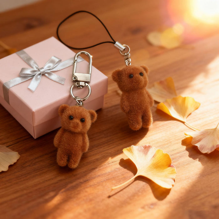 Flocked Brown Teddy Bear Keychains Clasp and Strap 2 Styles
