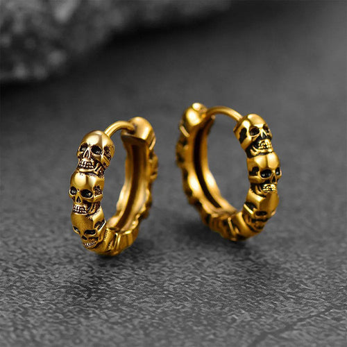 Second product view showing sculpted skull hinged hoop earrings