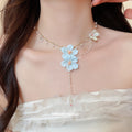 Blue Floral Beaded Necklace with Pearl Like Drops and Gold Tone Chain view 1