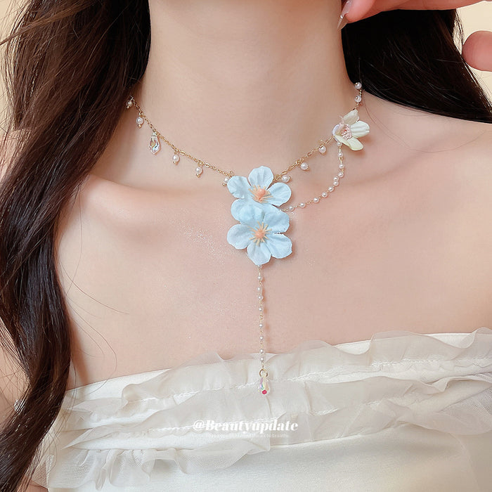 Blue Floral Beaded Necklace with Pearl Like Drops and Gold Tone Chain
