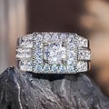 Silver Tone Square Halo Center Stone Pave Band Finger Ring view 3