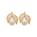 Gold Tone Leaf and Pearl Drop Stud Earrings With Polished Metal Details view 5