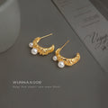 Gold Textured Crescent Hoop Pearl Stud Earrings Pair view 1