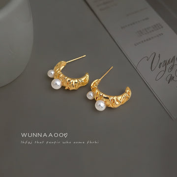 Gold Textured Crescent Hoop Pearl Stud Earrings Pair