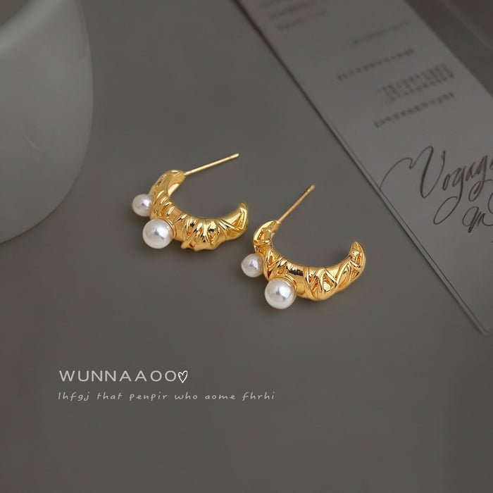 Gold Textured Crescent Hoop Pearl Stud Earrings Pair