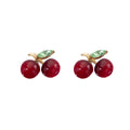 Burgundy Double Cherry Green Leaf Small Stud Earrings view 5
