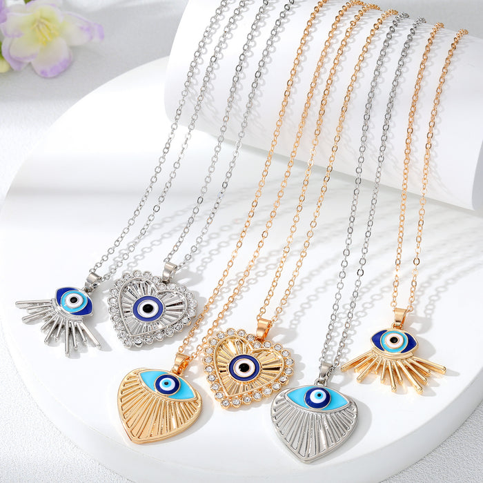Gold and Silver Tone Fan Heart and Burst Evil Eye Necklaces