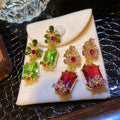 Floral Crystal Rectangle Drop Earrings in Red and Green view 3
