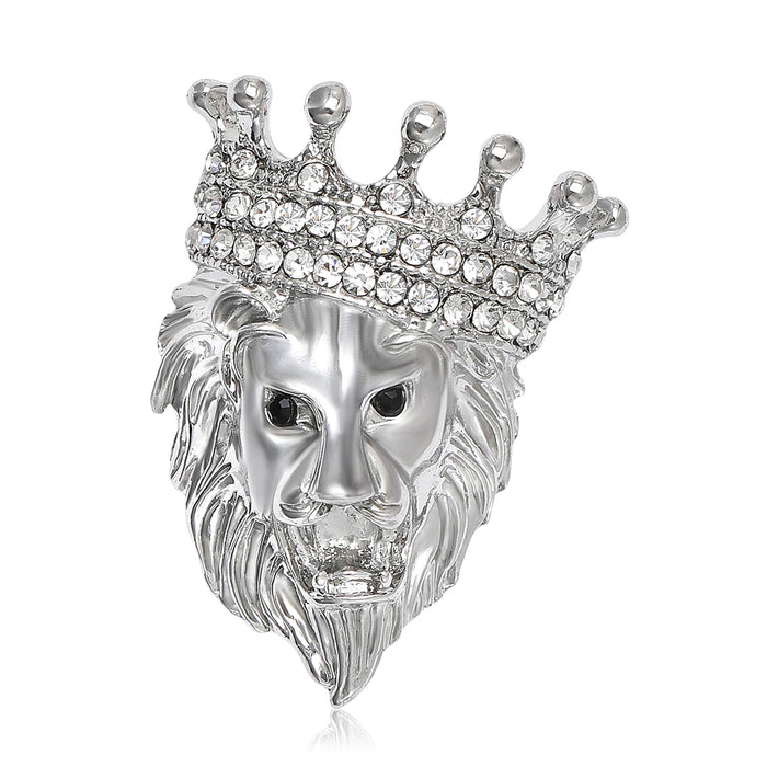Silver Tone Crowned Lion Head Brooch Rhinestone Crown