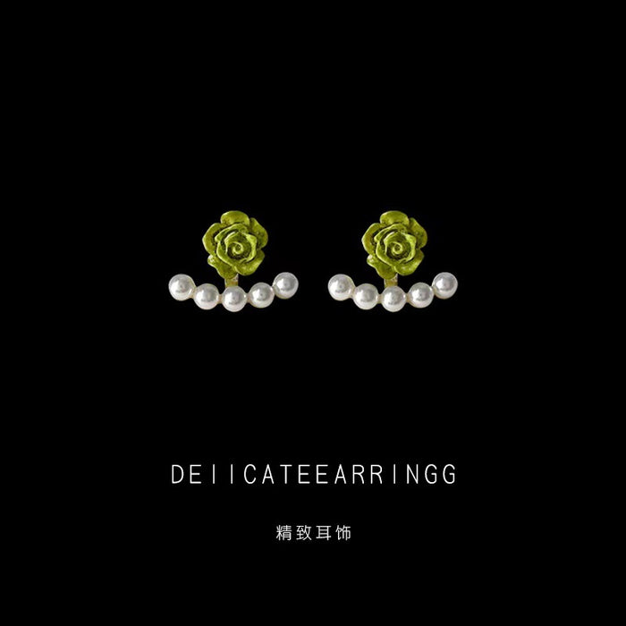 Green Rose And White Pearl Curve Convertible Two Way Stud Earrings