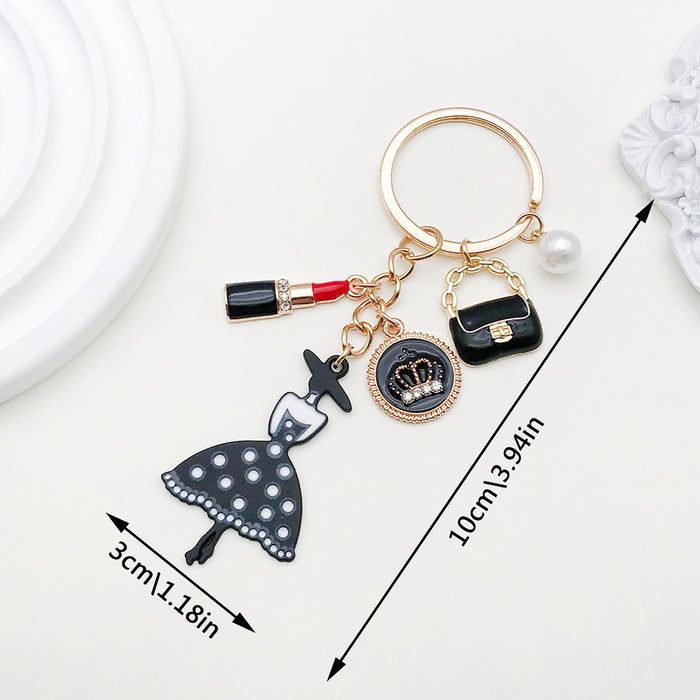 Black Dress Crown Heart and Heel Charm Keychain with Metal Hardware