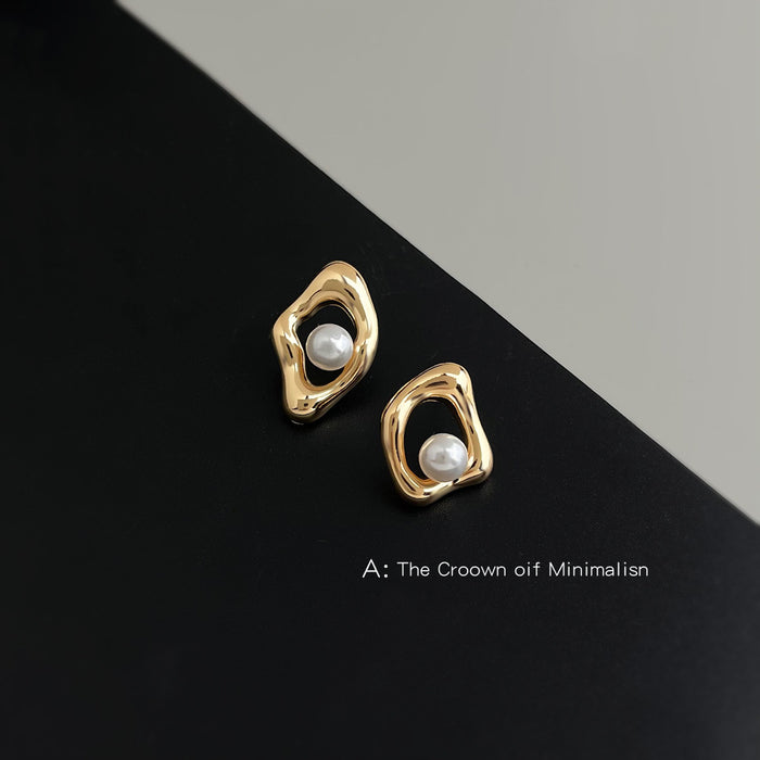 Gold Tone Irregular Open Frame Pearl Stud Earrings