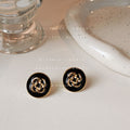Black Gold Enamel Camellia Round Button Stud Earrings A76 view 4
