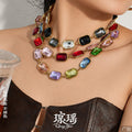 Emerald-Cut Glass Stone Necklace Bracelet Gold Steel Colors view 1