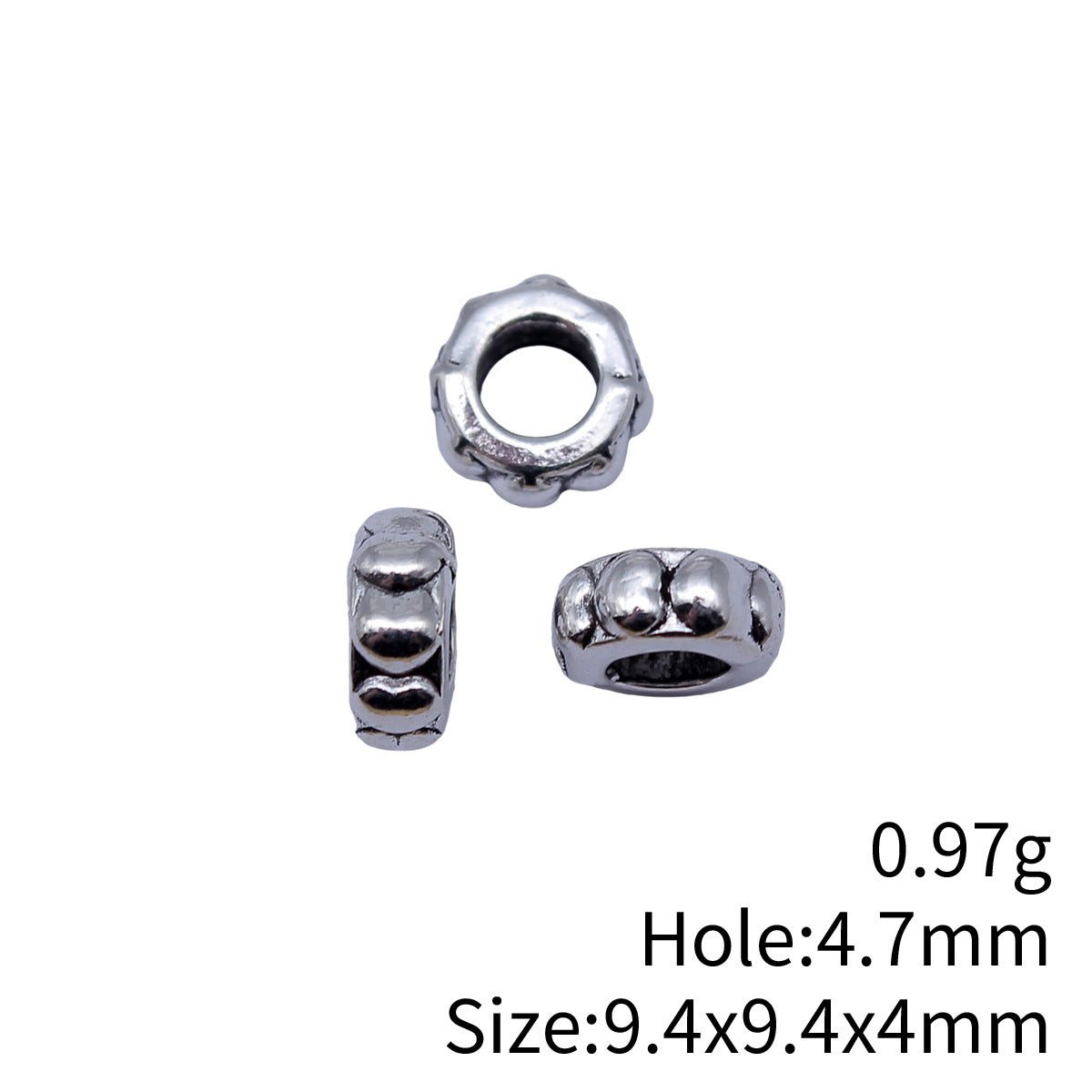 9.4x9.4x4mm 0.97g Antique Silver Zinc Alloy Heart Large Hole Spacer Beads for DIY Bracelet Jewelry Making