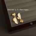 Gold-Tone Asymmetric Heart White Enamel Wing Earrings view 3